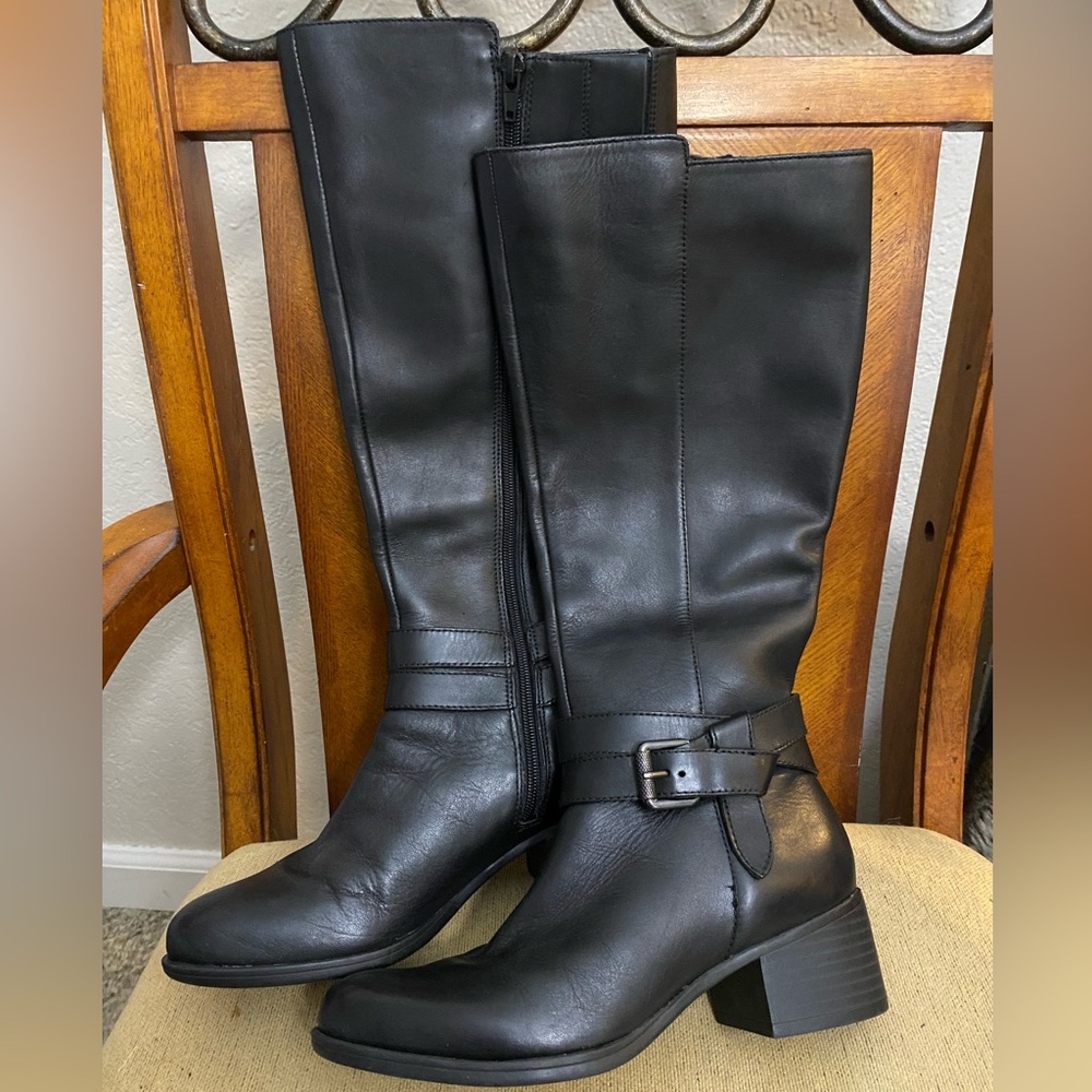 Naturalizer black leather calf high/below the knee heeled boots size 7 EUC